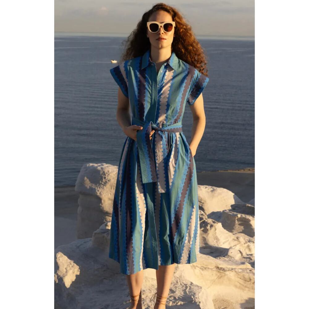 OLIPHANT Tuckernuck Midi Button Down Shirt Dress Meko Blue Print Cotton XL - Picture 12 of 13